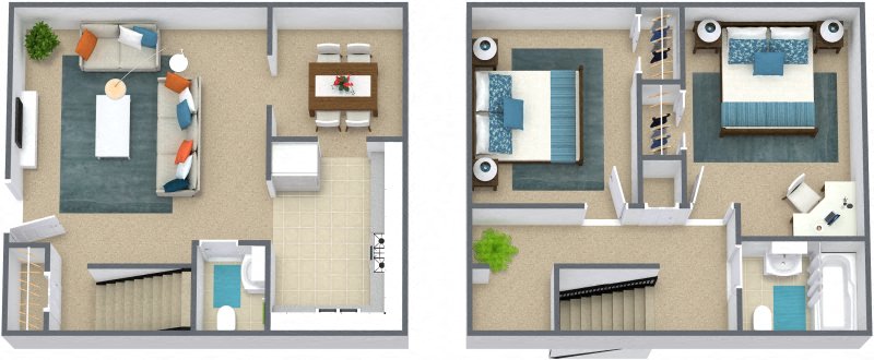 Floor plan for 2 beds, 1.5 baths, 1000 sqft